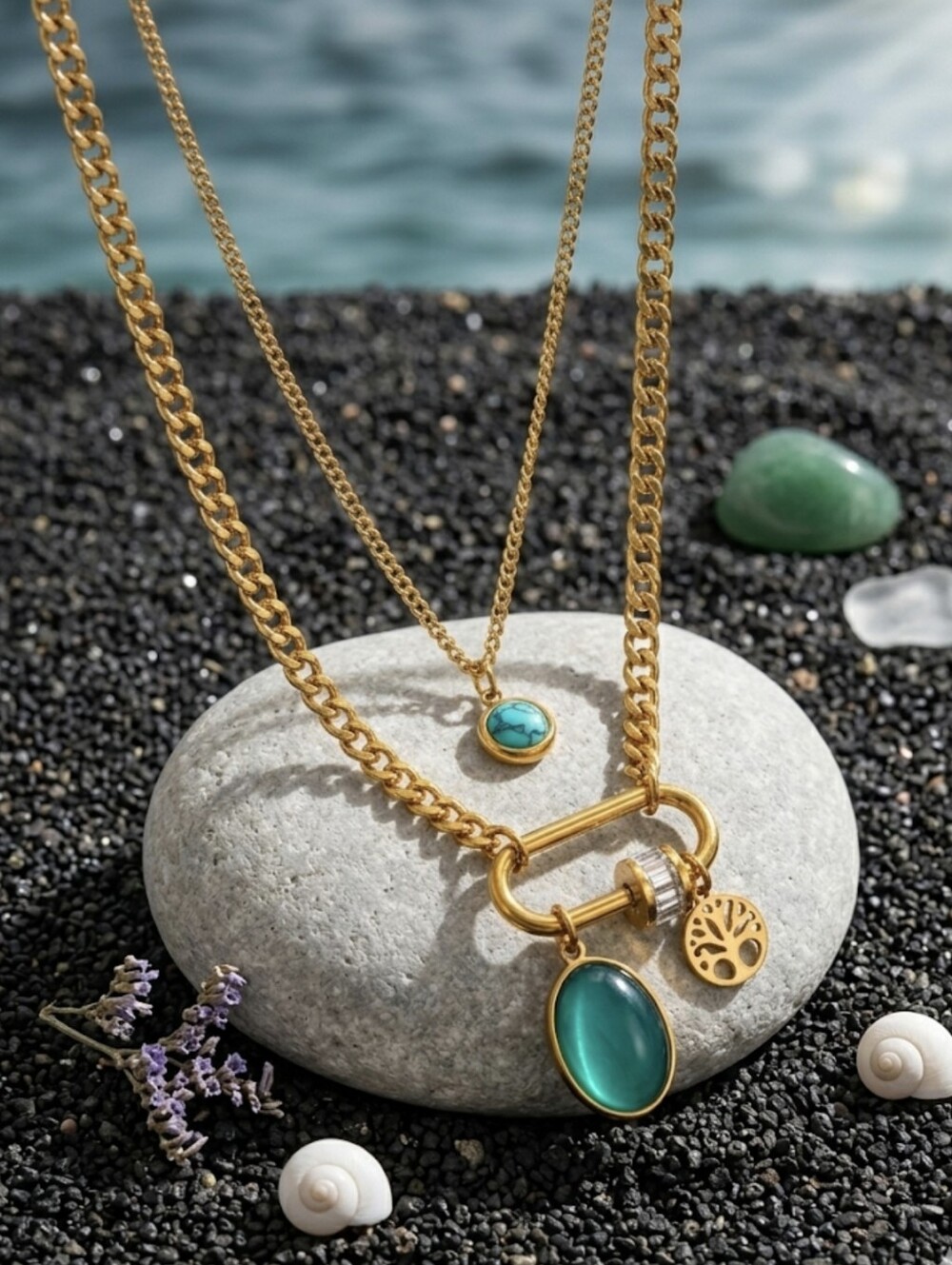 18K Gold Plated Turquoise Crystal Tree of Life Layered Necklace Boho Chic 15.5"